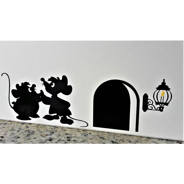 uksellingsuppliers Cartoon Decal Mouse Hole Wall Sticker Gus and Jaq the Cinderella Mice with Yellow Flame Skirting Board Wall Art Sticker Vinyl Decal 20cm x 6cm. Black Gloss