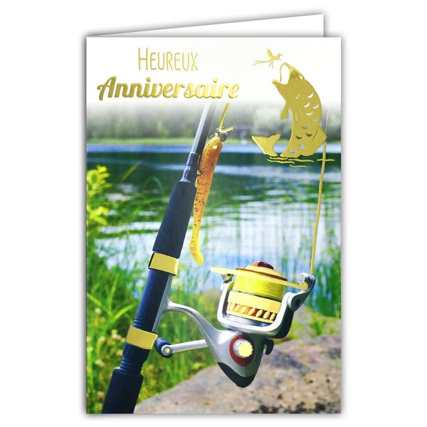 Birthday Card in Shiny Gold for Fisherman Fly Rod Fishing Bait Fishing Freshwater Nature Comes with Envelope Size 12 x 17.5 cm PEFC Paper Made in France 65-1210