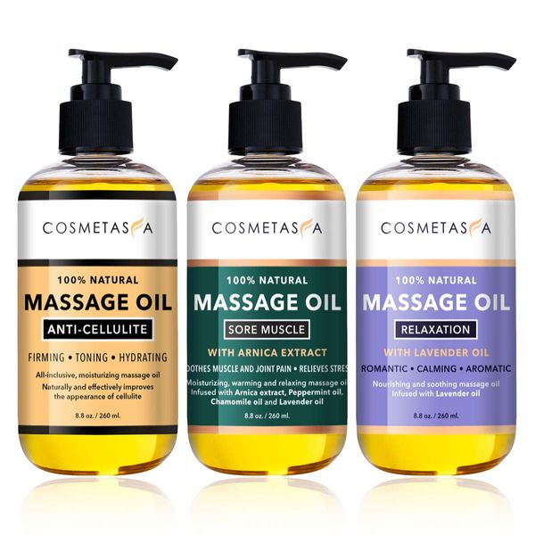 Cosmetasa Massage Oil Trio Valentine's Gift Set- Anti-Cellulite, Sore Muscle, Lavender, Relaxation Massage Oils