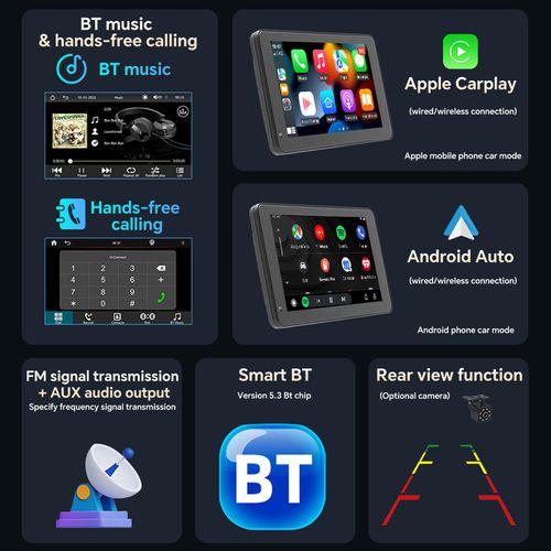 Wireless Apple Carplay Screen for Car 7" HD Portable Car Stereo Touch Carplay Screen with Apple Carplay and Android Auto/Backup Camera/Car Audio Receivers/Mirror Link/Bluetooth/GPS Navigation
