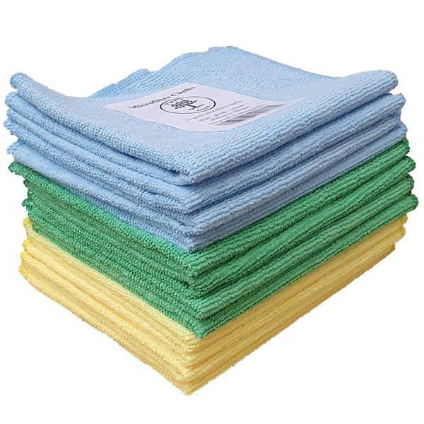 natural Microfibre cleaning cloths - 12 pack- blue- green- yellow - soft - machine washable