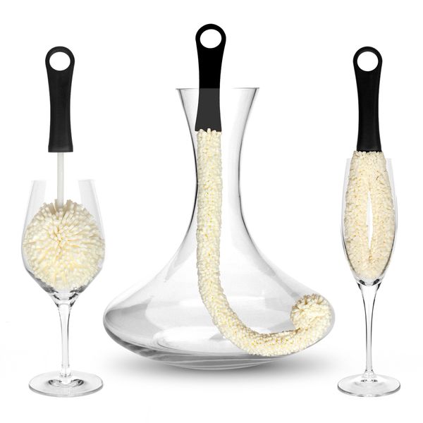 Bar Amigos Set of 3 - Decanter & Glassware Cleaning Brushes Glass For Cleaning Wine Champagne Glasses Babies Bottles Beer Steins Neck Goblets Reusable Water Sports Bottles Stainless Steel Bottles