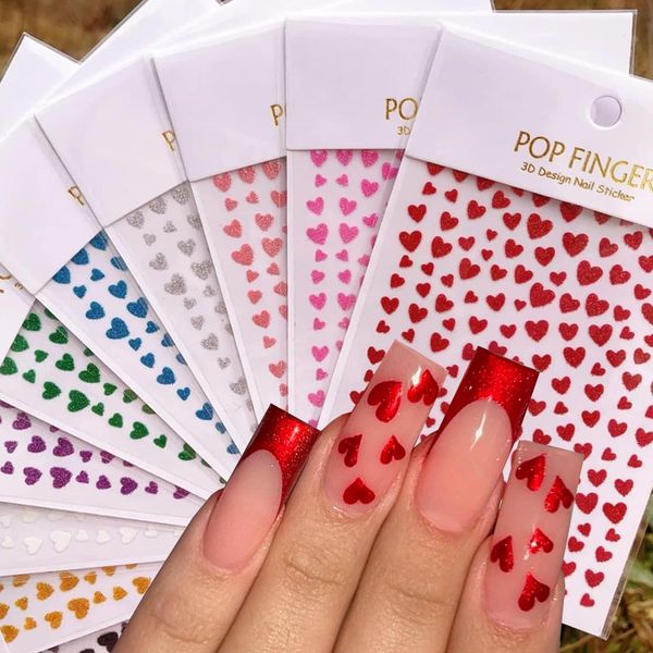 Heart Nail Art Stickers Decals 3D Shiny Glitter Love Hearts Self Adhesive Shining Glitters Powder Effect Valentine's Day Heart Nail Design for Lovers Romantic DIY Nail Decorations Manicure Accessories