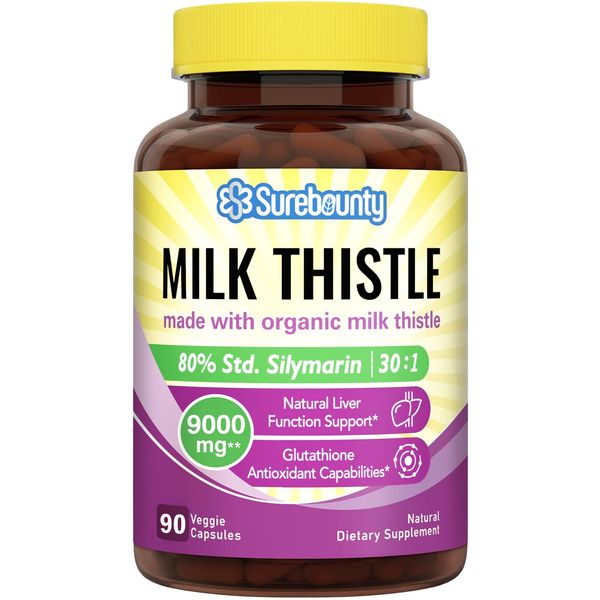 Surebounty Organic Milk Thistle, 9000 mg Equivalent, 30X Concentrated Seed Extract with 80% Silymarin, Liver Cleanse Detox for Men + Women, Once Daily, 90 Veggie Caps