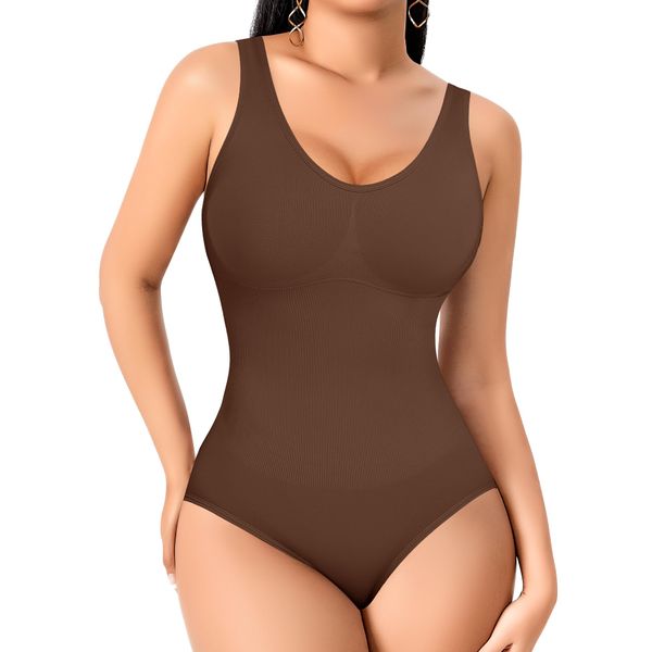 YARRCO Shapewear Damen Body Shaper Bauchweg Shaping Bodysuits Miederslip Figurformende Unterwäsche Miederbody (Braun, S)