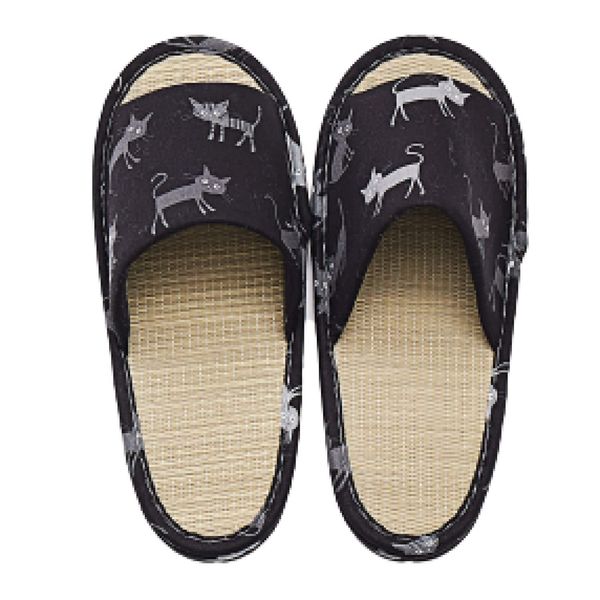 Hagiwara Igusa Slippers, Indoor, Black, Approx. 10.2 inches (26 cm), Mono Cat, Room Shoes, M Size, Women's, Unisex, Cat Pattern, Made in Japan