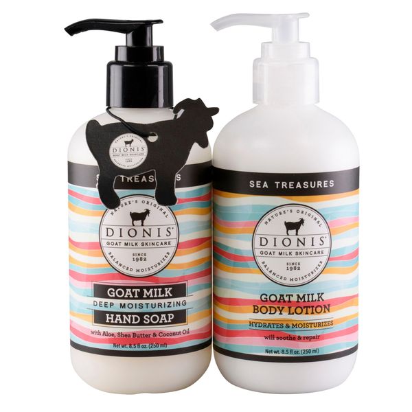 Dionis Goat Milk Skincare Sea Treasures Body Lotion & Hand Soap Gift Bundle - Sweet Pea Scented Cream & Concentrated Liquid Soap Gently Clean, Moisturize & Nourish Dry Hands, 8.5 oz Pump Bottles