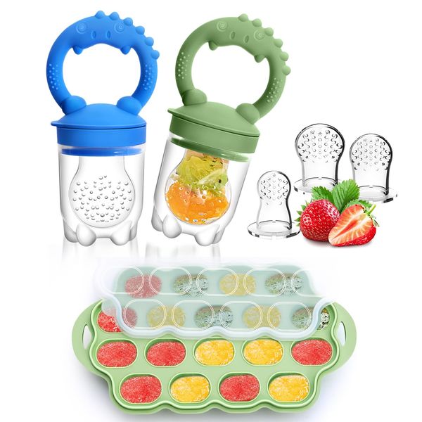 Silicone Baby Fruit Feeder & Breastmilk Popsicle Molds Freezer Tray with Lid, 2 Pack Baby Food Feeder to Teething Relief, Introduce New Foods, Self Feeding, Includes 6 Food Pacifiers (Green+Dark Blue)