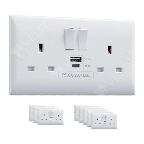USB C Socket | 20W Super Fast Charging | PD, QC 4.0 | VELTZ Pro | Double Plug Wall Socket 13A 2 Gang | White (3 Pack)