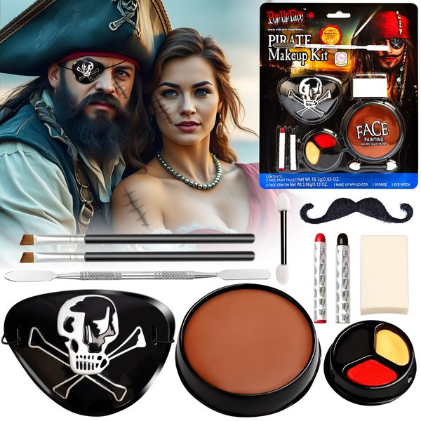 Halloween Pirat Make-Up Set für Erwachsene und Kinder - Schminke, Theaterschminke, SFX Make-Up, Augenklappe, Piratenbart, Dreifarbige Face Paint - Pirat Accessoires