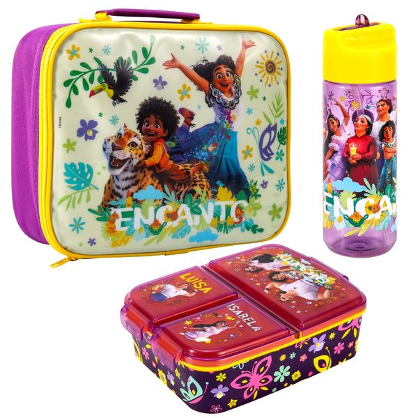 Zawadi Global Encanto Kids Childrens Lunch Box Set – Insulated Lunch Bag, Multicompartment Lunch Box & 540ml Water Bottle - School Travel Lunch Food Set, BPA Free