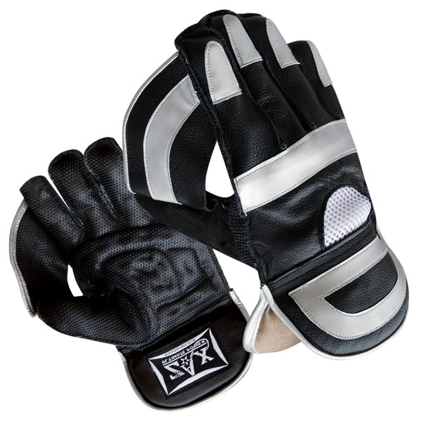 ZstarAX Leather Wicket Keeping Gloves Training Match Quality Wicket Keepers Gloves BOYS, YOUTH, MENS (Black-Silver, Adults)