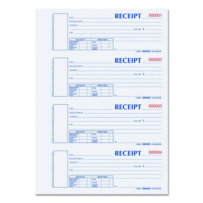 Blueline Rediform Hardcover Carbonless Numbered Money Receipt Book, 300 Duplicate Sets per Book (S1654NCR)