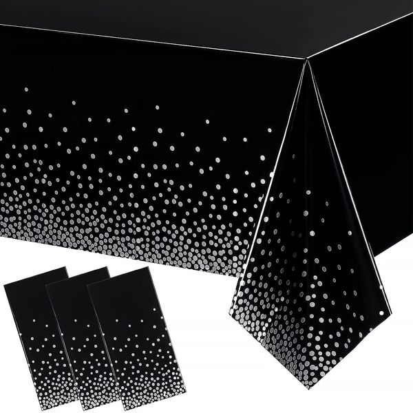 3Pack Black and Sliver Dot Table Cloth Party Disposable Halloween Tablecloths,137x274cm Confetti Table Covers Rectangle Plastic Tablecloth Party for Picnic,Wedding,Birthday,Christmas Table Decorations