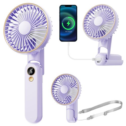 Dhenrio Portable Handheld Fan, 180° Foldable Personal Fan, USB Rechargeable Mini Hand Fans for Travel/Summer/Outdoor/Office, 5 Speeds Adjustable, LED Display, [5-15 Working Hours],Purple