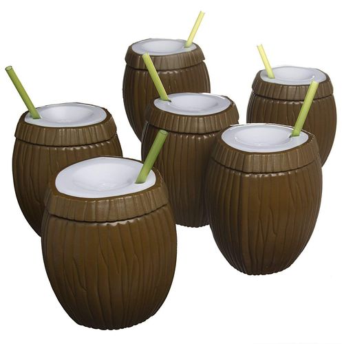 6 Pack Set Tiki 16oz Coconut Tropical Travel Tumbler Cup Plastic Drinking Glass & Straw BPA Free Plastic Reusable