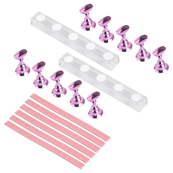 BORNBYME Nail Practice Stand Kit for Press on Nails, 10 Pink Acrylic Magnetic Practice Stands Fake Nail Tip Holders with 96 PCS Reusable Adhesive 1Big Base Stand for Nail Tech