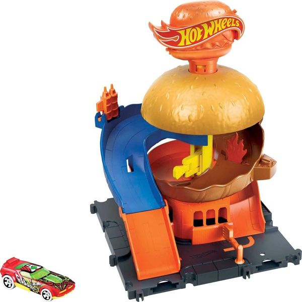 Hot Wheels Toy Car Track Set, City Burger Drive-Thru Playset & 1:64 Scale Car...