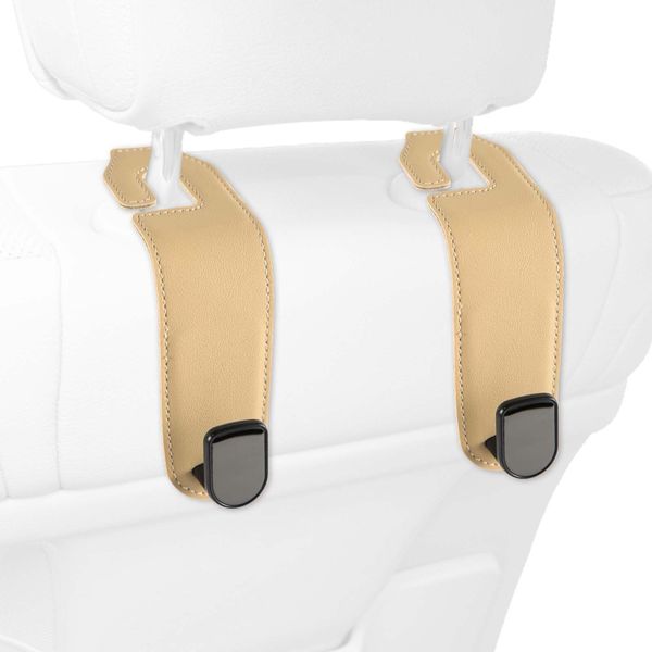 2pcs Car Seat Back Hook, Leather Car Seat Hooks Car Headrest Hook Auto Seat Hook Hangers Storage Organizer Car Inside Accessories for Purse Umbrellas Handbag (Beige)