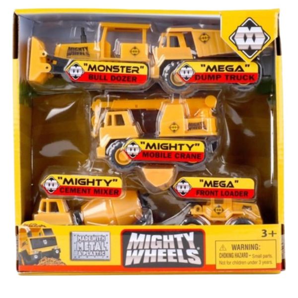 Mighty Wheels 5 Pc Steel Construction Truck Toys Set 3.5" - Includes Dump Truck, Front Loader, Bulldozer, Cement Mixer, Crane - Steel and Plastic Construction Toys for 3+ Year Old Boys and Girls