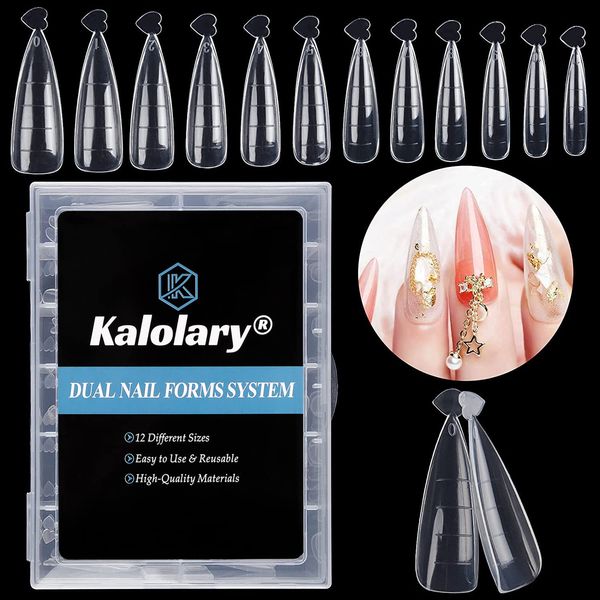 Kalolary 120PCS Clear Full Cover Dual Nail System Form Mold Acrylic Stiletto Nail Extension Tips Nail Art Manicure Tools, Heart-Shaped Handle