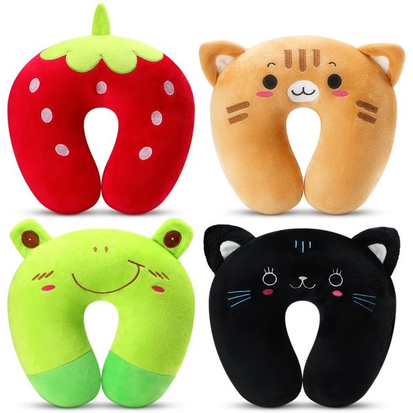 Maitys 4 Pcs Travel Pillow for Kids Cute Animal Neck Head Chin Support Pillow Soft U Shaped Kids Neck Pillow Car Seat Comfortable PP Cotton Pillow for Airplane Sleeping Children Gift