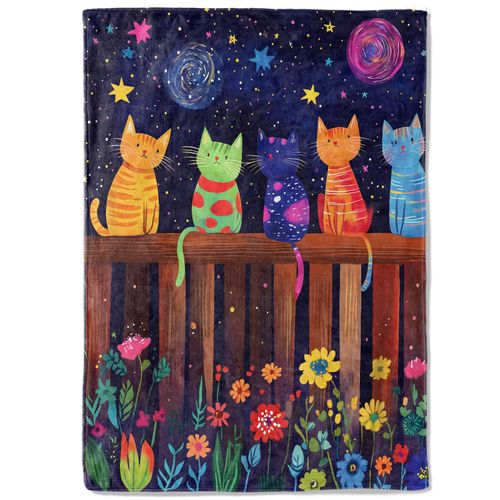 coedoaes Colorful Cat Fleece Blanket - 50x60in Kitten Starry Night Sky and Flower Garden Throw Blankets,Soft Cozy Lightweight, Ideal for Living Room Home Decor and Kids Women Girls Spring Gifts