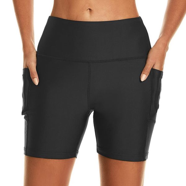 HODOSPORTS Women's 5'' Swim Shorts UPF 50+ High Waisted Board Shorts with Pockets Liner Quick Dry Swimsuit Bottoms Black L