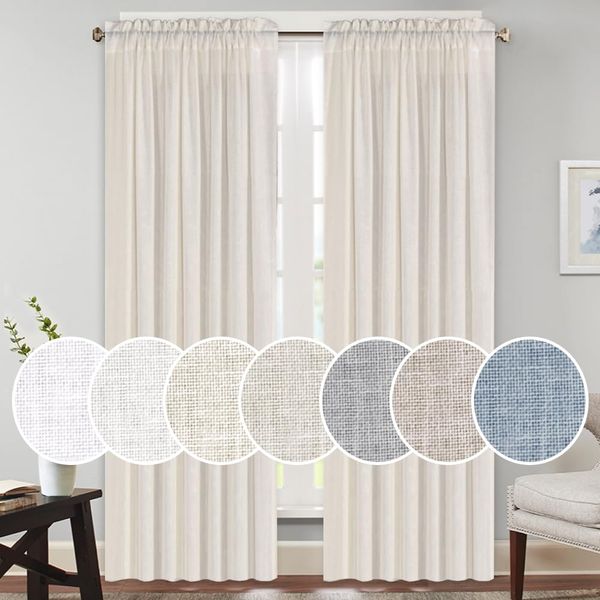 PrinceDeco Natural Linen Curtains Linen Curtains for Bedroom/Living Room Light Filtering Farmhouse Window Curtains Vertical Drapes Rod Pocket(2 Panels, 52" W x 84" L)