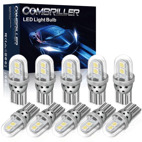 Combriller 194 LED Bulb White, 168 T10 W5W 2825 LED Bulbs with Protective Cover and Hollow-carved Heat Sink Design, Led Replacement Bulbs for Dome Map Door Courtesy Trunk Parking Lights, Pack of 10