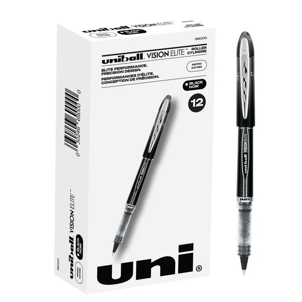 Uniball Vision Elite Rollerball Pens, Black Pens Pack of 12, Micro Pens with 0.5mm Ink, Ink Black Pen, Pens Fine Point Smooth Writing Pens, Bulk Pens, and Office Supplies