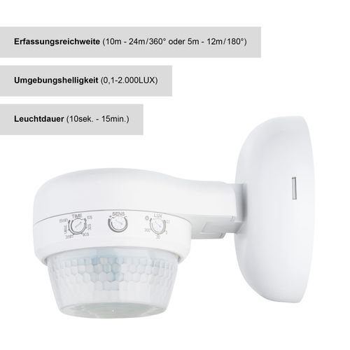 SEBSON® Outdoor Motion Sensor IP65 - Surface-Mounted, LED Suitable for Wall and Ceiling Mounting, IR Motion Sensor Programmable, Sensor Range Max. 24 m / 360°, 3-Wire