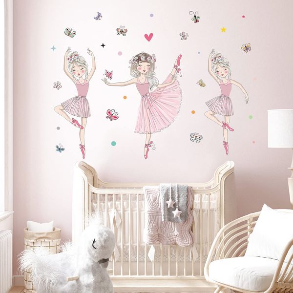 3 Pink Ballerina Baby Girls Wall Stickers, Giyiprpi Removable Lovely Ballet Girls with Butterfly Wall Decals, Little Princess Wall Art Decor for Girls Bedroom Living Room Dance Room