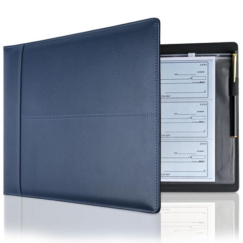 Professional 7 Ring Business Checkbook Binder, Premium PU Leather Organizer for 3-On-A-Page Checks, Perfect for Business and Personal Finances, Fits 9x13 Inch Sheets, 600 Check Capacity (Blue)