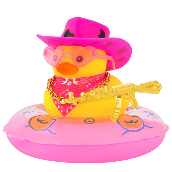 wonuu Rubber Duck Car Ornaments Yellow Duck Car Dashboard Decorations for Cute Car Accessories with Cowboy Hat Necklace and Sunglasses Swim Ring, Pink&Black Hat