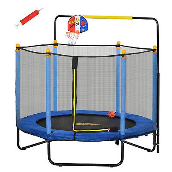 Qaba 4.6' Kids Trampoline with Basketball Hoop, Horizontal Bar