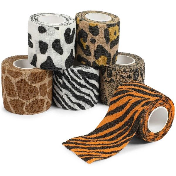 6 Rolls Stretch Bandage Wraps, 2 Inch x 5 Yards Cohesive Vet Tape, Animal Print