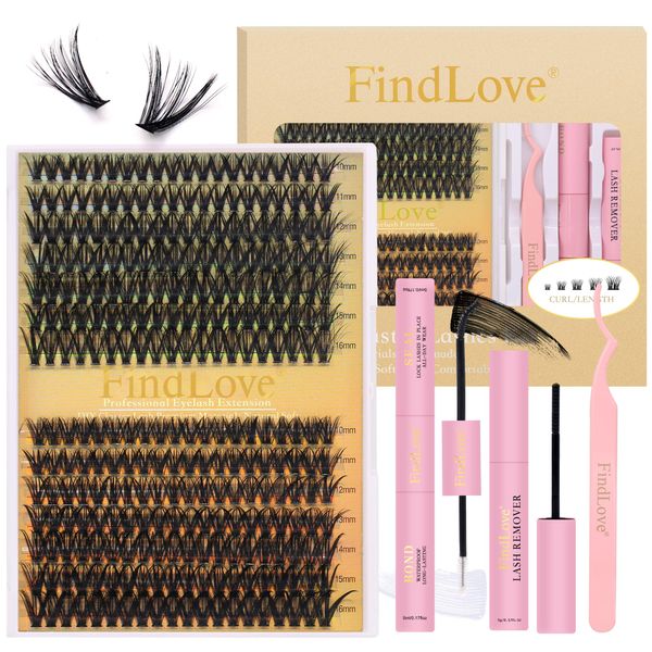 DIY Lash Extension Kit 280pcs Lash Clusters Kit 40D+50D Individual Lashes 10-16mm Lash Clusters Kit Lash Bond and Seal Cluster Lashes Glue Remover Lash Tweezer