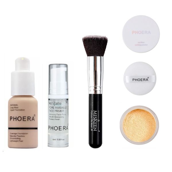 Phoera® Full Coverage Foundation, Primer, Setting Powder and MISKEEN Makeup Brush Soft Matte Oil Control Concealer 30ml Long Lasting Flawless Cream Smooth Aquapurity (102 NUDE SET)