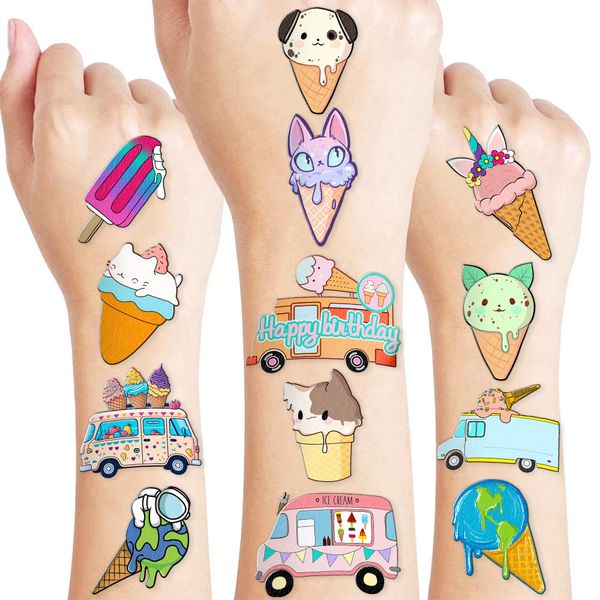 Ice Cream Temporary Tattoos 10 Sheets 120 PCS Ice Cream Cone Party Decorations Favors Supplies Sweet Theme Birthday Cute Stickers Christmas Gifts for Boys Girls Class School Prizes Carnival