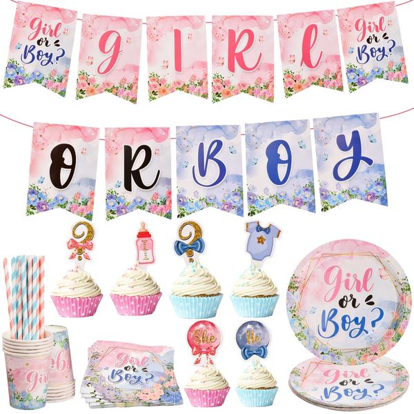 Partygeschirr,Boy or Girl Gender Reveal Party Teller Set,119 Stück Gender Reveal Geschirr, Baby Shower Unisex Baby Girl Kit Zubehör Babyparty Taufe Teller Karton Becher Servietten Papierstrohhalm