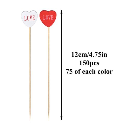150pcs 4.7in 2 colors mixed Love Heart Cocktail Picks Long Bamboo Fancy Toothpicks for Appetizers Bamboo Cocktail Toothpicks Fruit Food Appetizer for Valentine Party Decorations