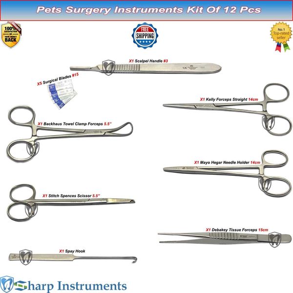 Small Animal Surgery Instruments Kit Forceps Towel Clamp Stitch Scisor Spay Hook