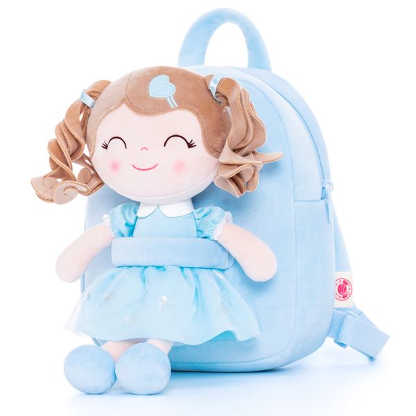 Gloveleya Toddler Backpack Baby Girl Gift Plush Bag Diaper Bag with Spring Girl Doll Curly Hair Girl Toys with Love Blue 9 Inches