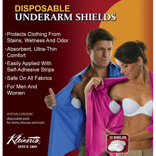 Kleinert’s Disposable Peel & Stick Absorbent Underarm Pads. 12 Pads (6 Pair) Style # MW-4900. Measures 5" W x 5 3/4" L. Discreet, Comfortable, Sweat Free, Odor Blocker, Peel and Stick Dress Shields