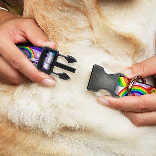 Buckle-Down Plastic Clip Collar - Unicorns in Rainbows w/Sparkles/Purple - 1/2" Wide - Fits 9-15" Neck - Large