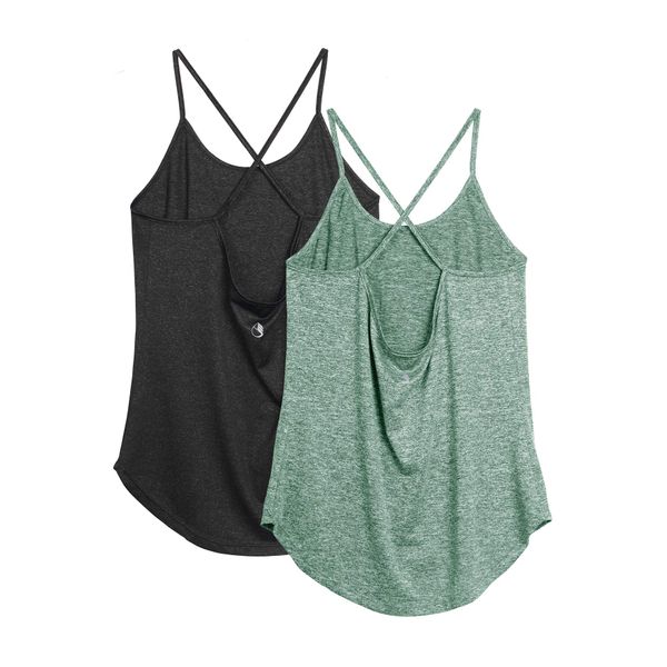 icyzone Damen Sport Shirt Yoga Rückenfrei Träger Top Gym Fitness Oberteile 2er Pack Sport Tank Top (M, Schwarz/Grün)