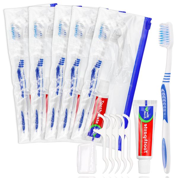 Disposable Toothbrushes with Toothpaste Individually Wrapped,Travel Kit with Plastic Zip Bag,Toothbrush Head Cover, Floss Pick,25gram Toothpaste,Bulk Toothbrush for Homeless,Travel,Hotel(Pack of 5)