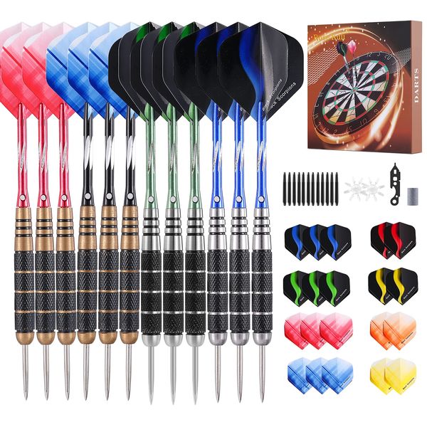 Rose Kuli Professional Steel Tip Darts Set - 24 Grams and 26 Grams Metal Barrels with 20 Flights Standard/Slim, 12 Aluminum Shafts, 12 O-Rings, Dart Tool, Dart Sharpener and Case