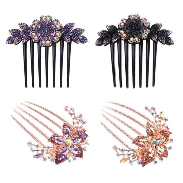 Pokinge 4pcs Rhinestones Flower Metal Hair Side Combs with Long Teeth, Rhinestone Slide Clips Hairpins, Elegant Bride Wedding Headdress Hair Accessories